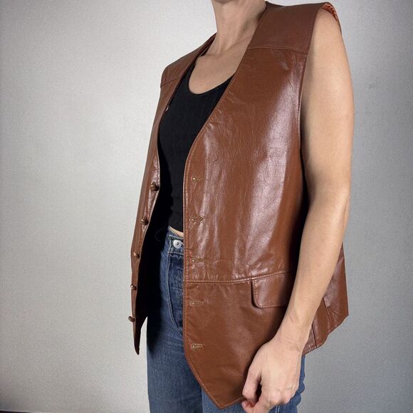 Vintage 70s Genuine Leather Cognac Brown Vest | JCPenny Western Cowboy - Picture 2 of 13